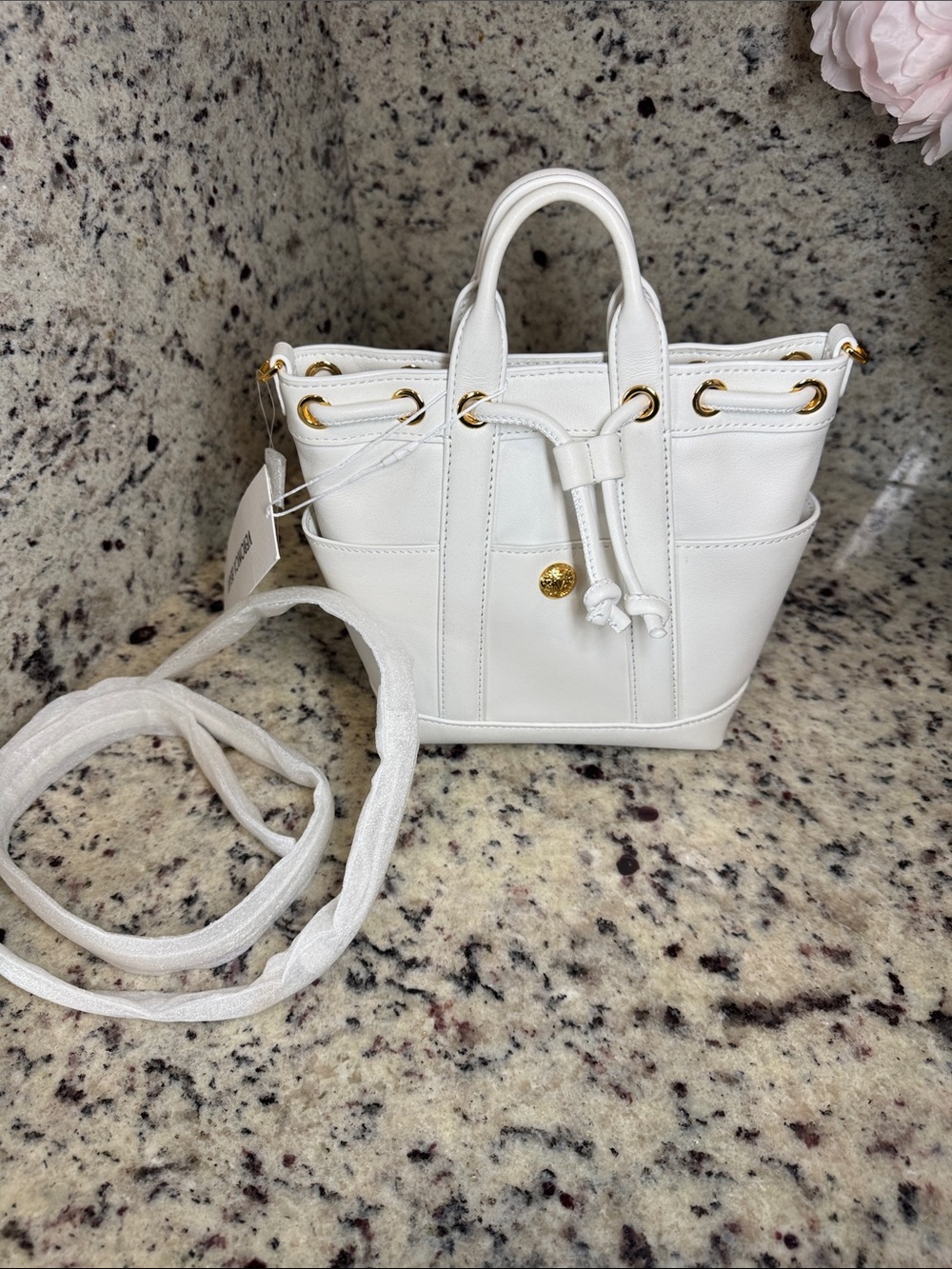 Veronica Beard “Mini Goody Bag” White Leather Drawstring Crossbody Bucket Bag. - Picture 8 of 16
